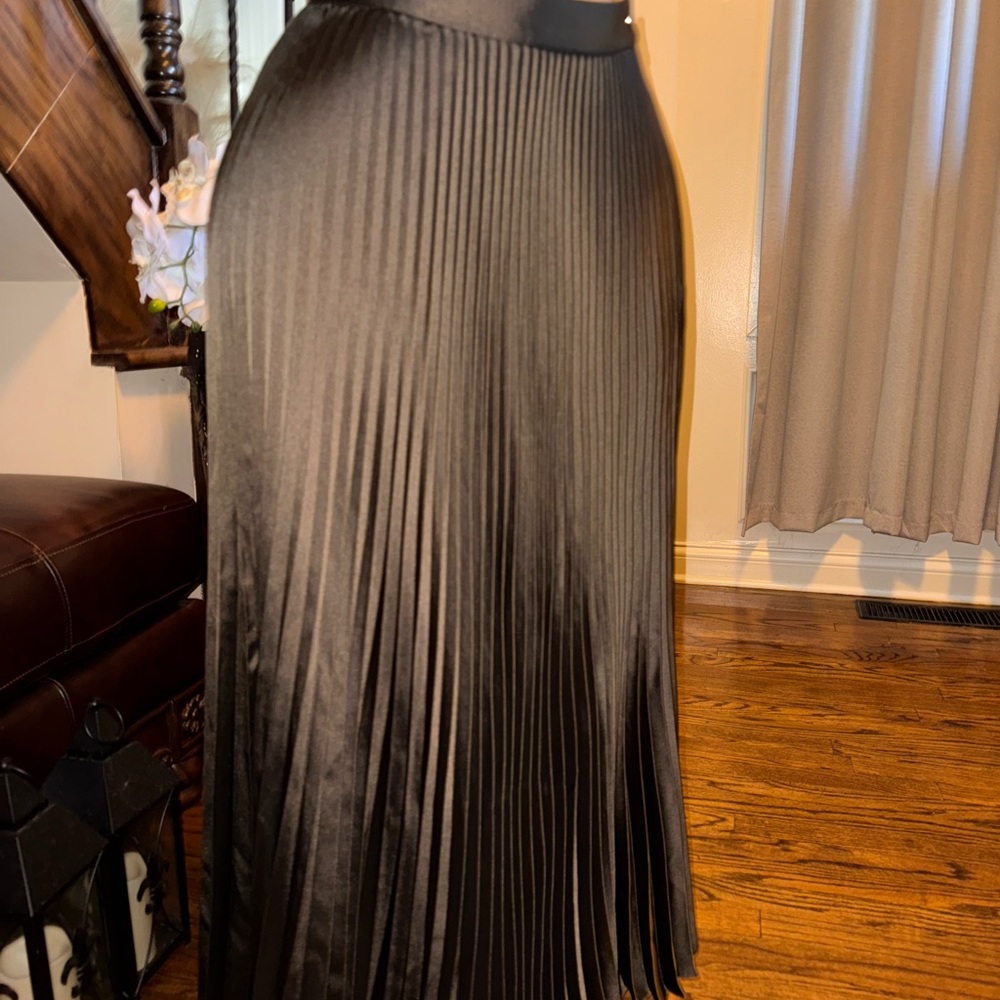 Zara Dark Olive Pleated Satin Maxi Skirt